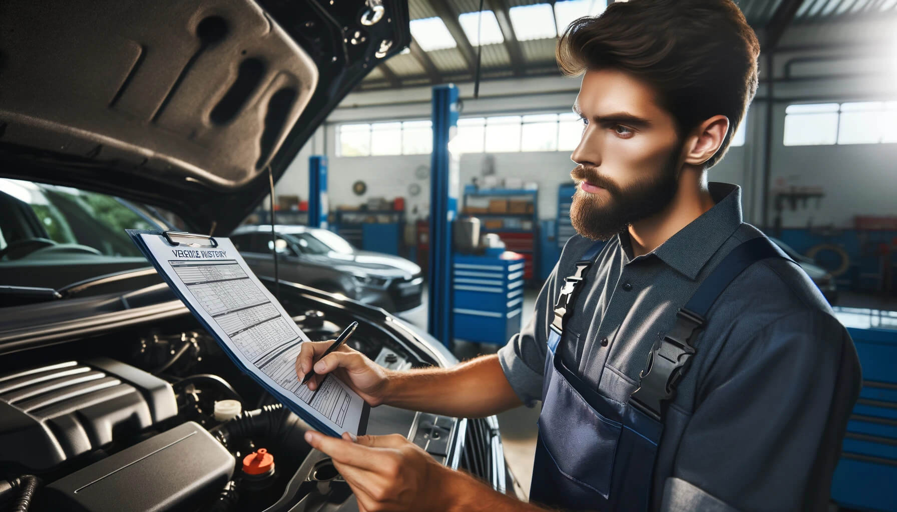 Mechanic Inspecting a Car with History Report